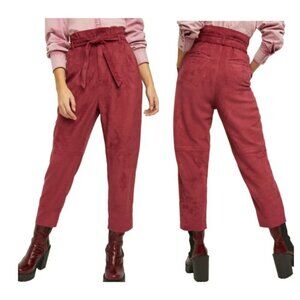 New Free People Nightfall Crop Paperbag Pants Queen Pomegranate Belted 8 $128
